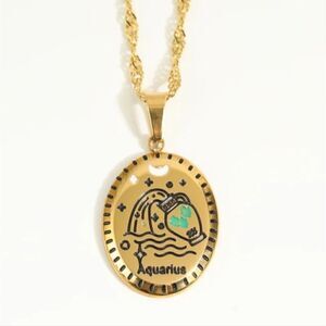 AQUARIUS New 18k Gold Plated AQUARIUS Sign Oval Pendant Necklace Astrology